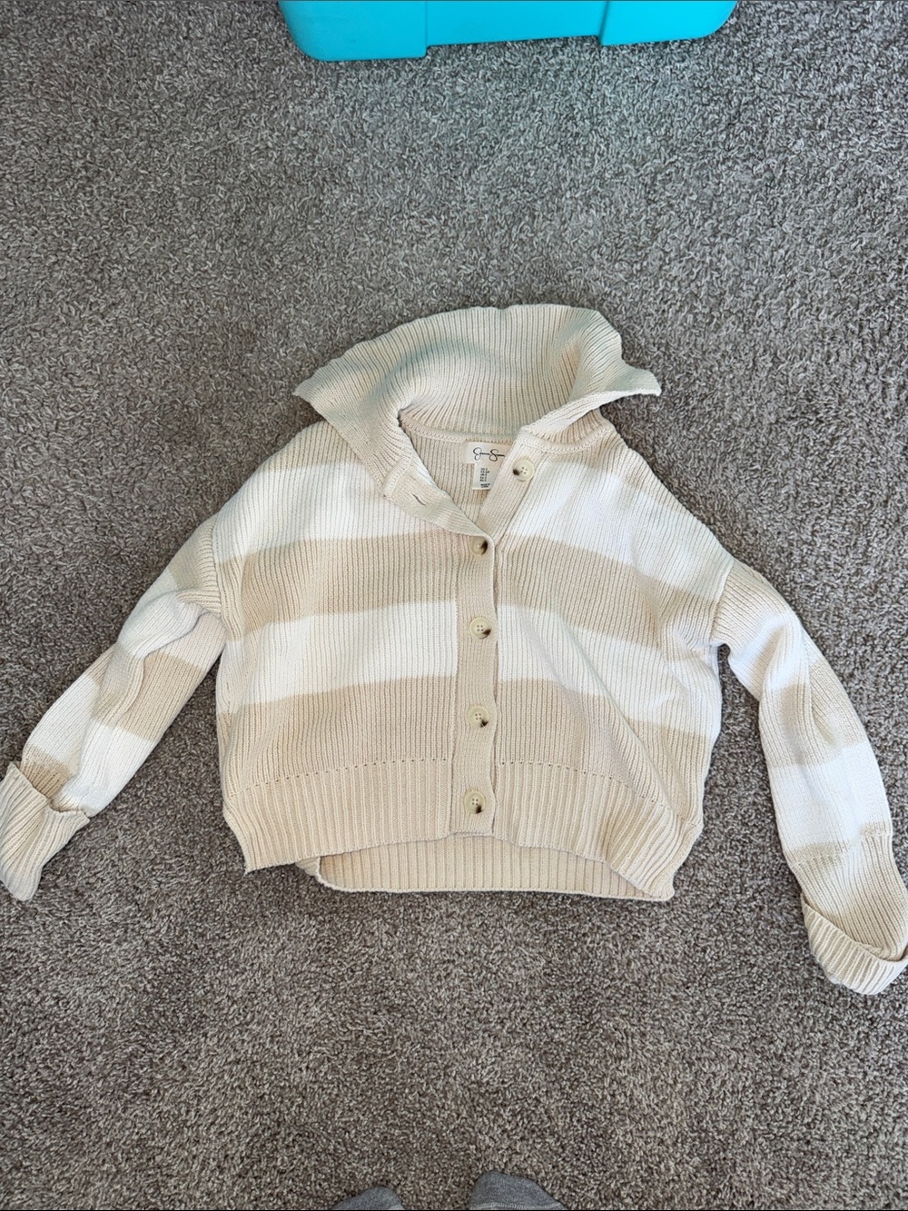 Jessica Simpson Cream & Beige Striped Button-Up Hoodie Cardigan